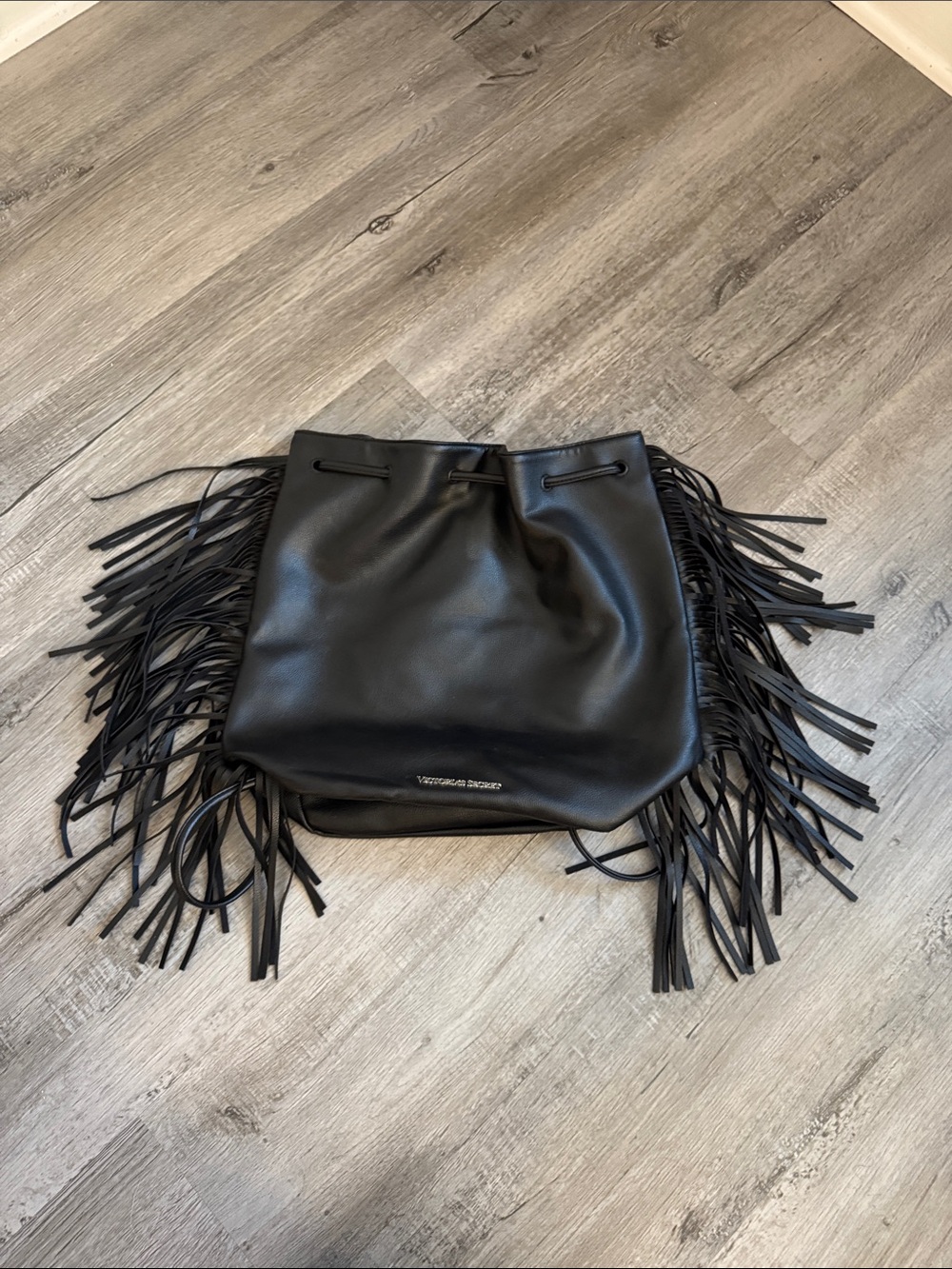 Victoria's Secret Black Fringe Drawstring Backpack